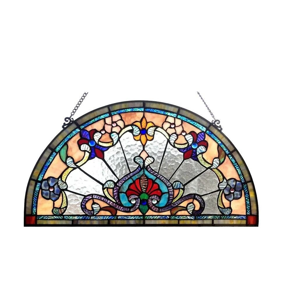 Tiffany Style Stained Glass Window Panel Semi Circle Suncatcher 212 Pieces Glass