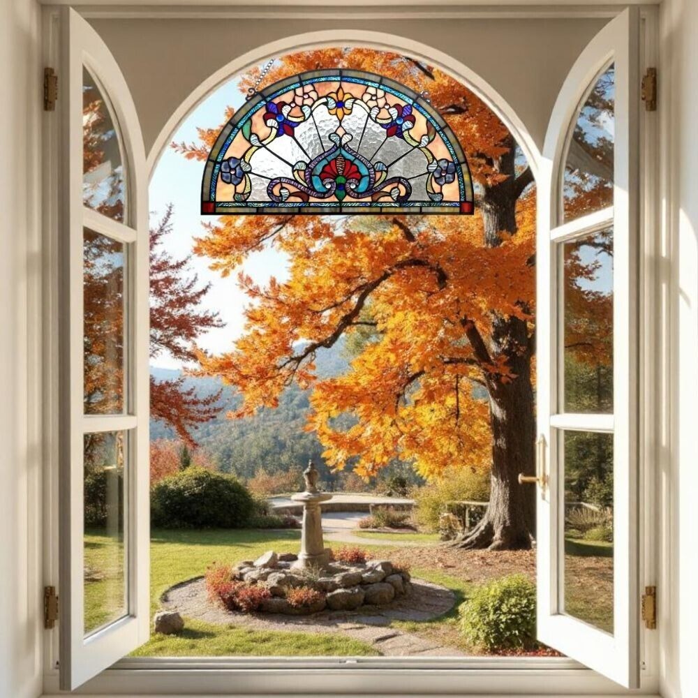 Tiffany Style Stained Glass Window Panel Semi Circle Suncatcher 212 Pieces Glass