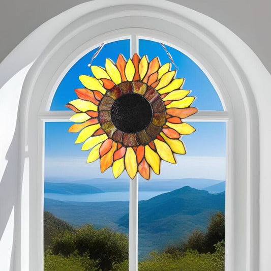 Yellow Sunflower Design Stained Glass Window Panel Suncatcher Round 16in