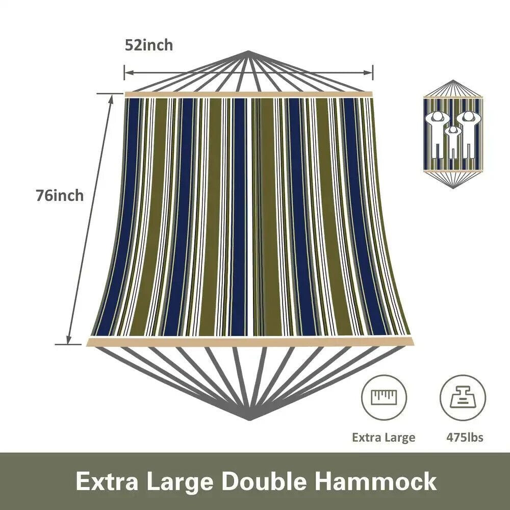 2 Person Hammock With Stand - Cotton Rope, Quilted Blue & Green Striped w/Pillow