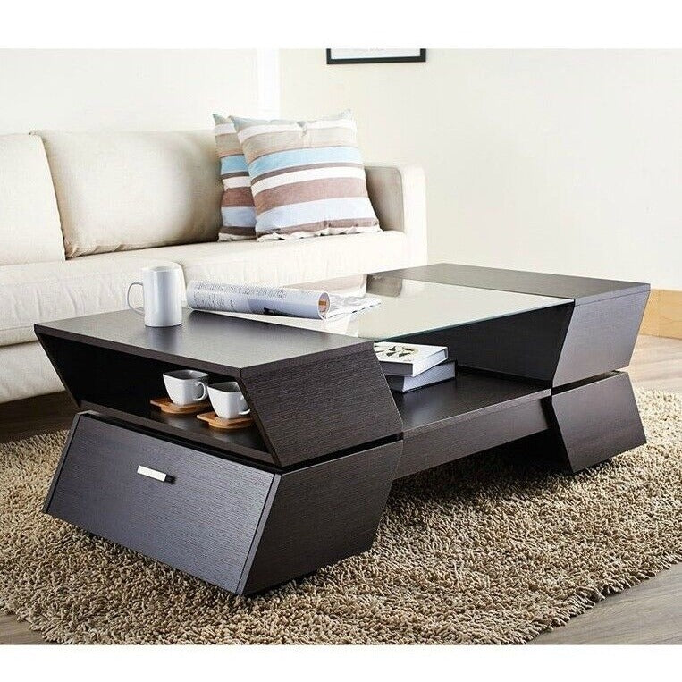 Modern Multi-Storage Coffee Table w/ Tempered Glass Top Open Center - Espresso