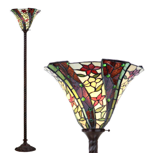 Tiffany Style Torchiere Multicolor Floral Stained Glass Floor Lamp