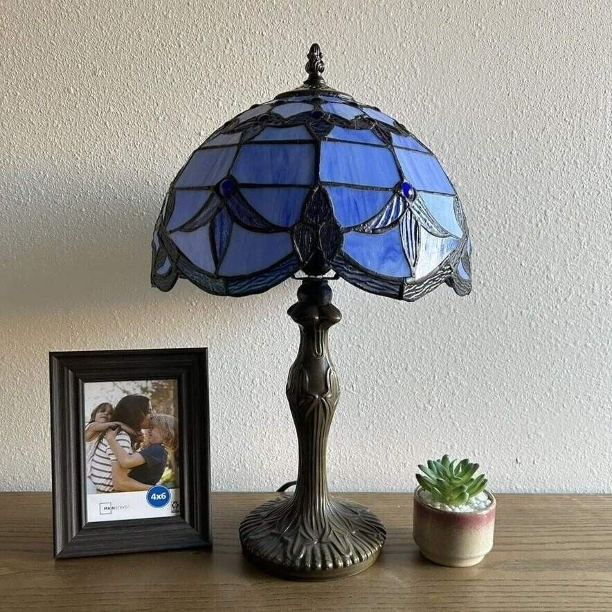 Elegant Lighting Baroque-Inspired Lavender Blue Stained Glass Table Lamp - 19inT