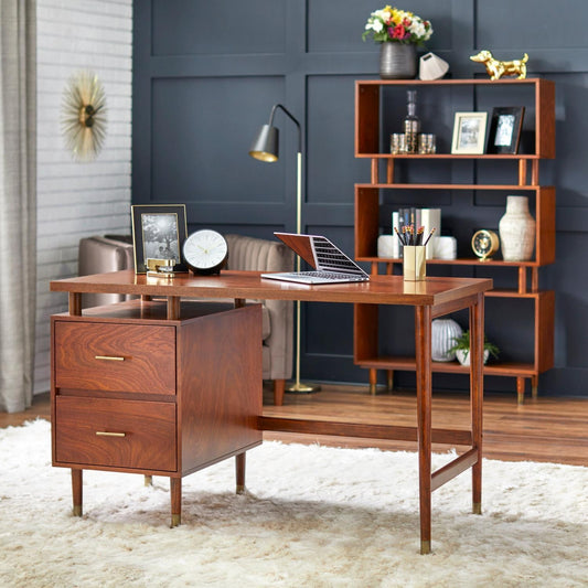 Desk Home Office 2-drawer Mid-Century Style Modern Desk in Walnut Finish