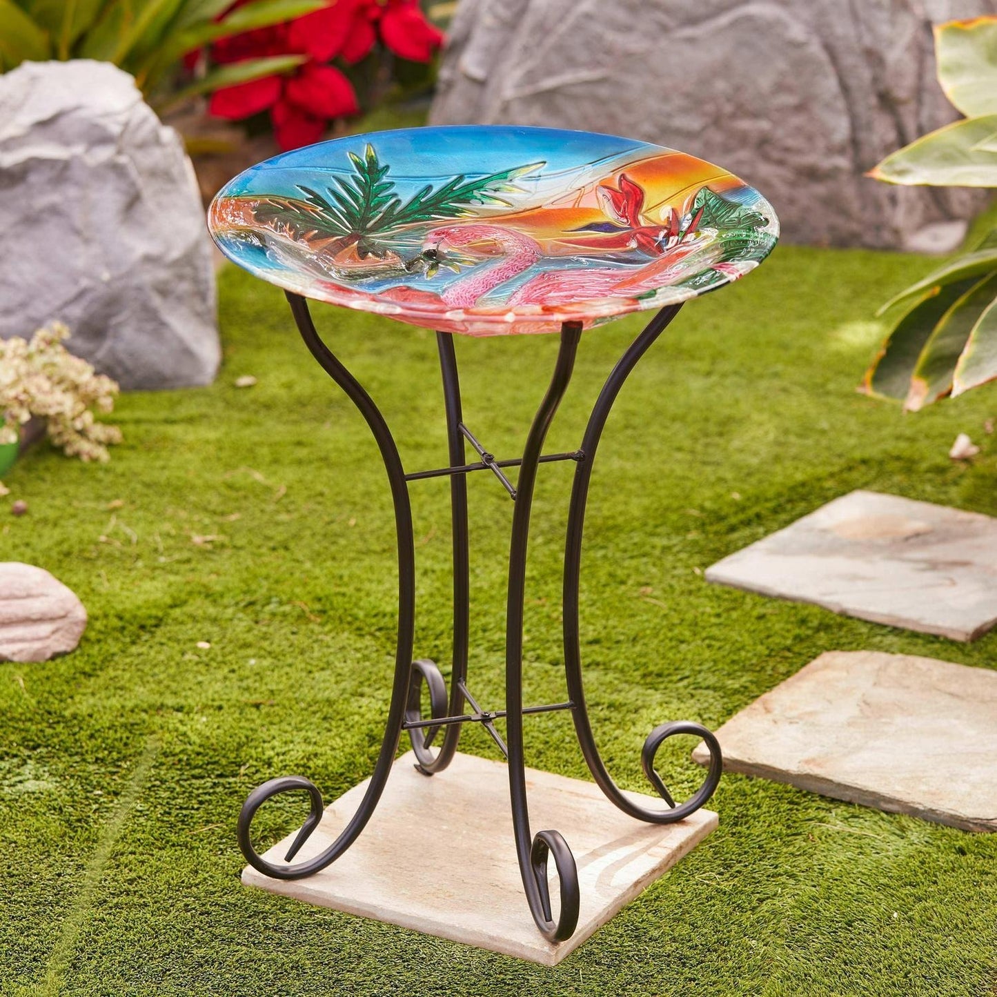 Flamingo Theme Bird Bath with Folding Metal Stand Glass Bowl Birdbath