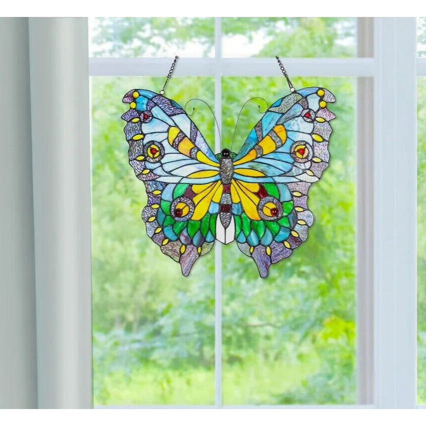 Stained Glass Tiffany Style Butterfly Design Window Panel Suncatcher 21x20in