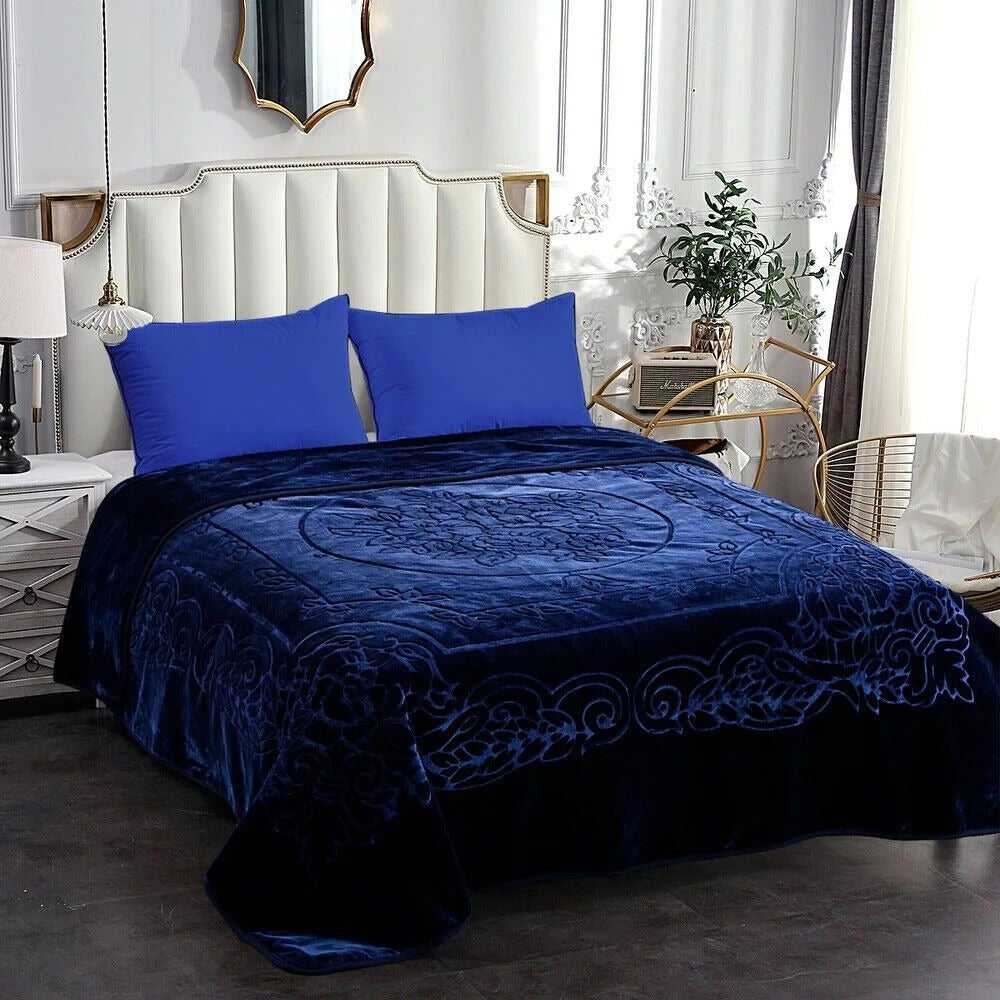 Luxurious Oversized Floral Embossed Bed Blanket/Cover in Royal Blue