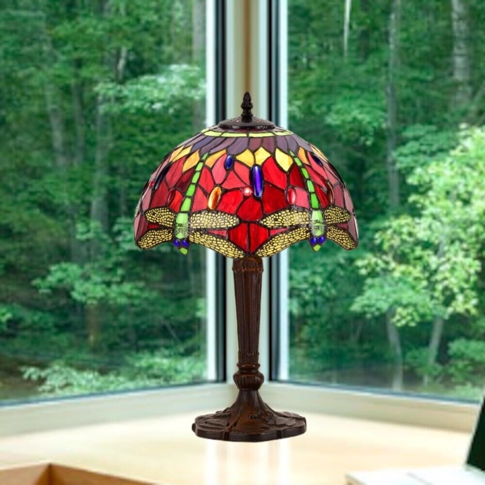 Tiffany Style Stained Glass Dragonfly Accent Table Lamp in Red and Purple 19in