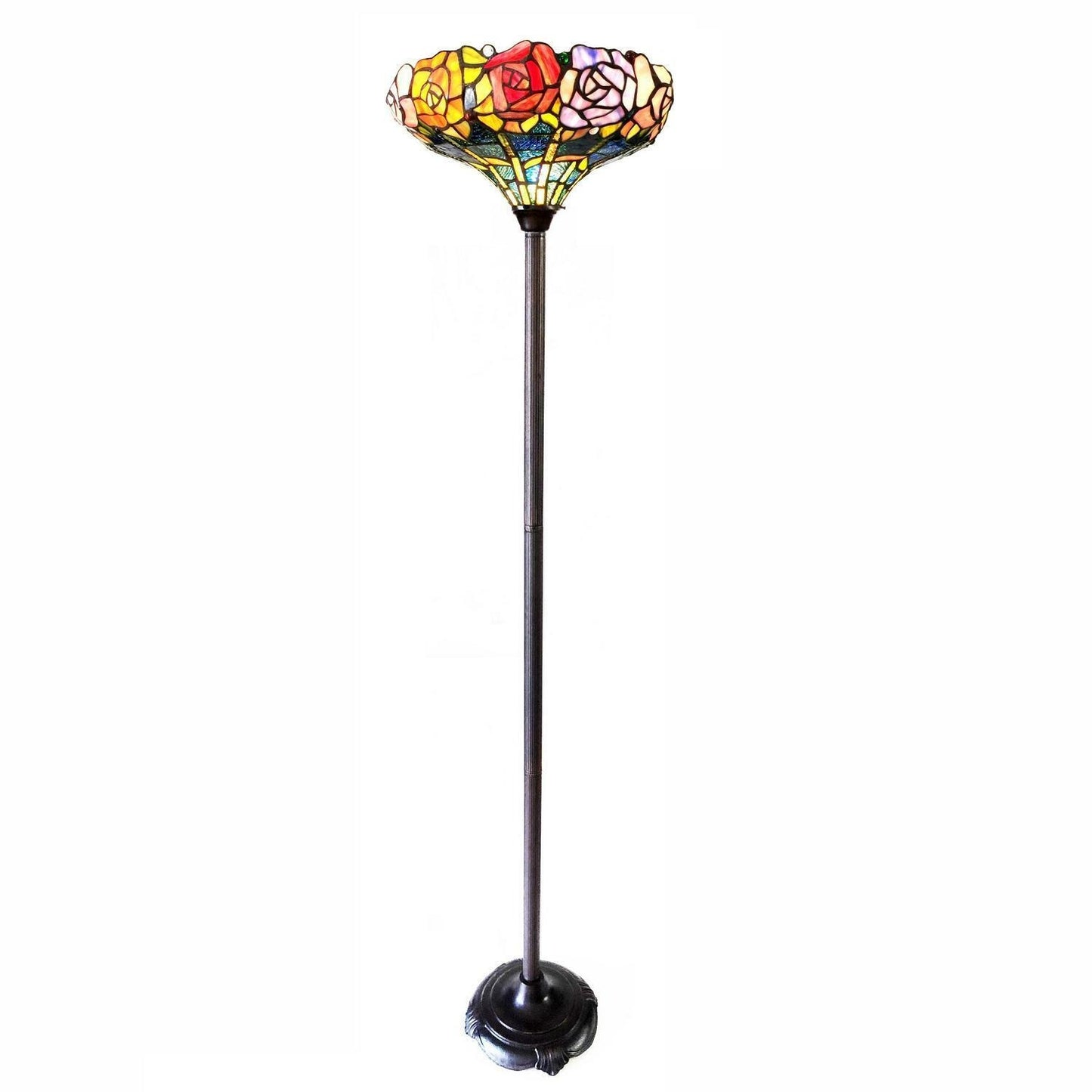 Rose Floral Theme Tiffany Style Stained Glass Traditional Torchiere Floor Lamp