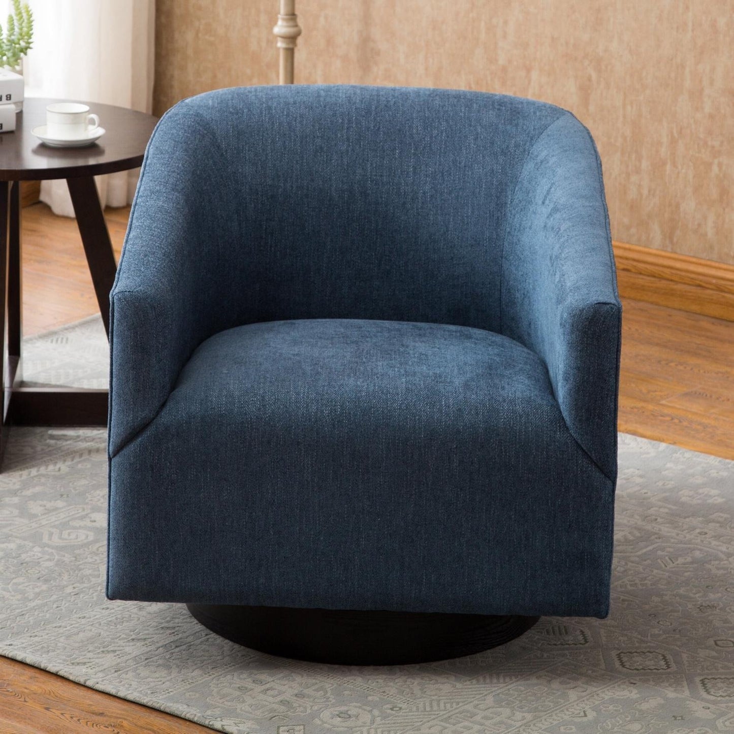 Swivel Accent Armchair with Wood Base and Barrel Back in Blue