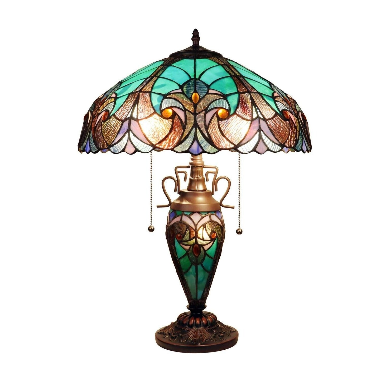 Aqua Blue Green Tiffany Inspired Victorian Stained Glass Table Lamp w/ Lit Base