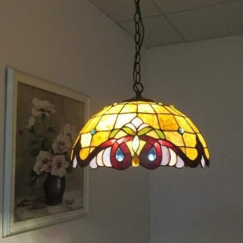 Gold Amber Tiffany Style Stained Glass Victorian Design Hanging Pendant Light