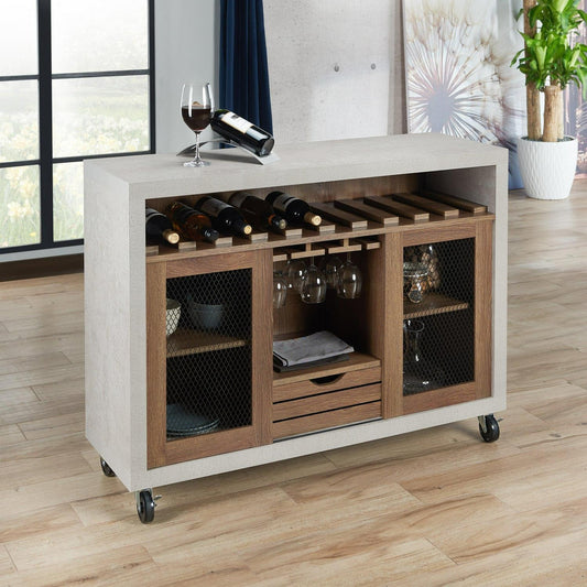 Rolling Sideboard Buffet Serving Cart Storage Cabinet in Walnut and Cement Finsh