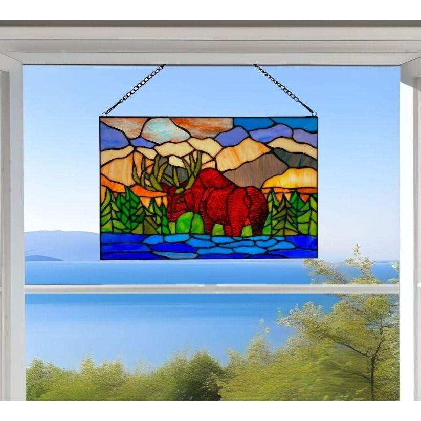 Mountainscape Moose Brown Blue and Green Stained Glass Window Panel - 18x12in