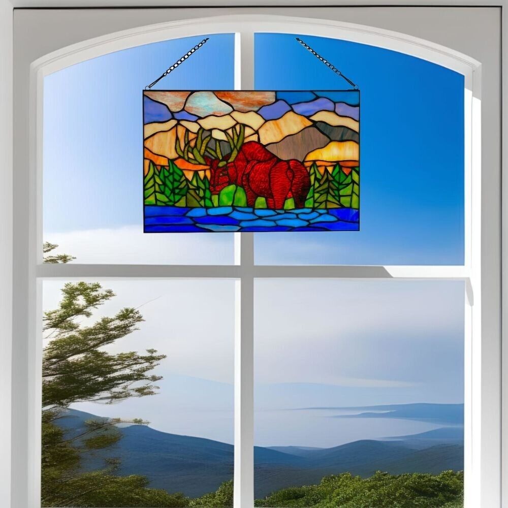 Mountainscape Moose Brown Blue and Green Stained Glass Window Panel - 18x12in