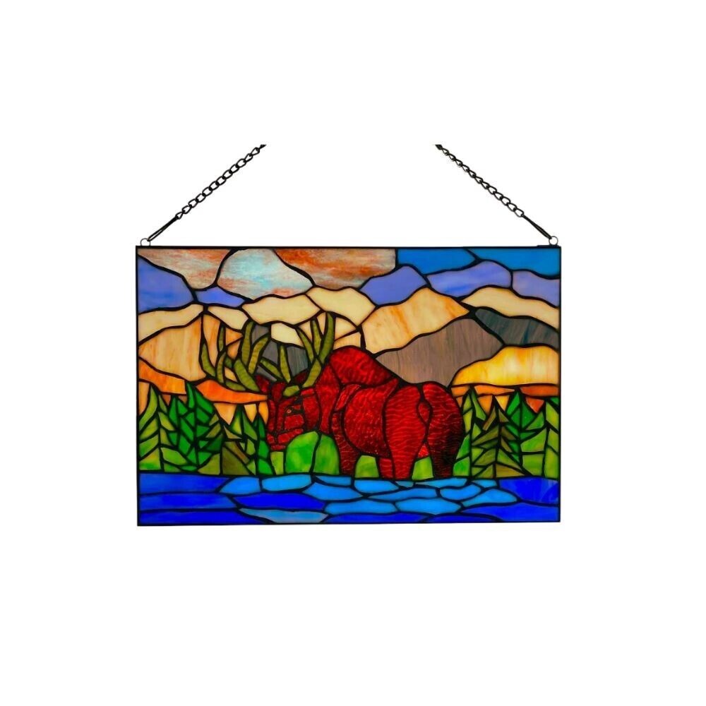 Mountainscape Moose Brown Blue and Green Stained Glass Window Panel - 18x12in