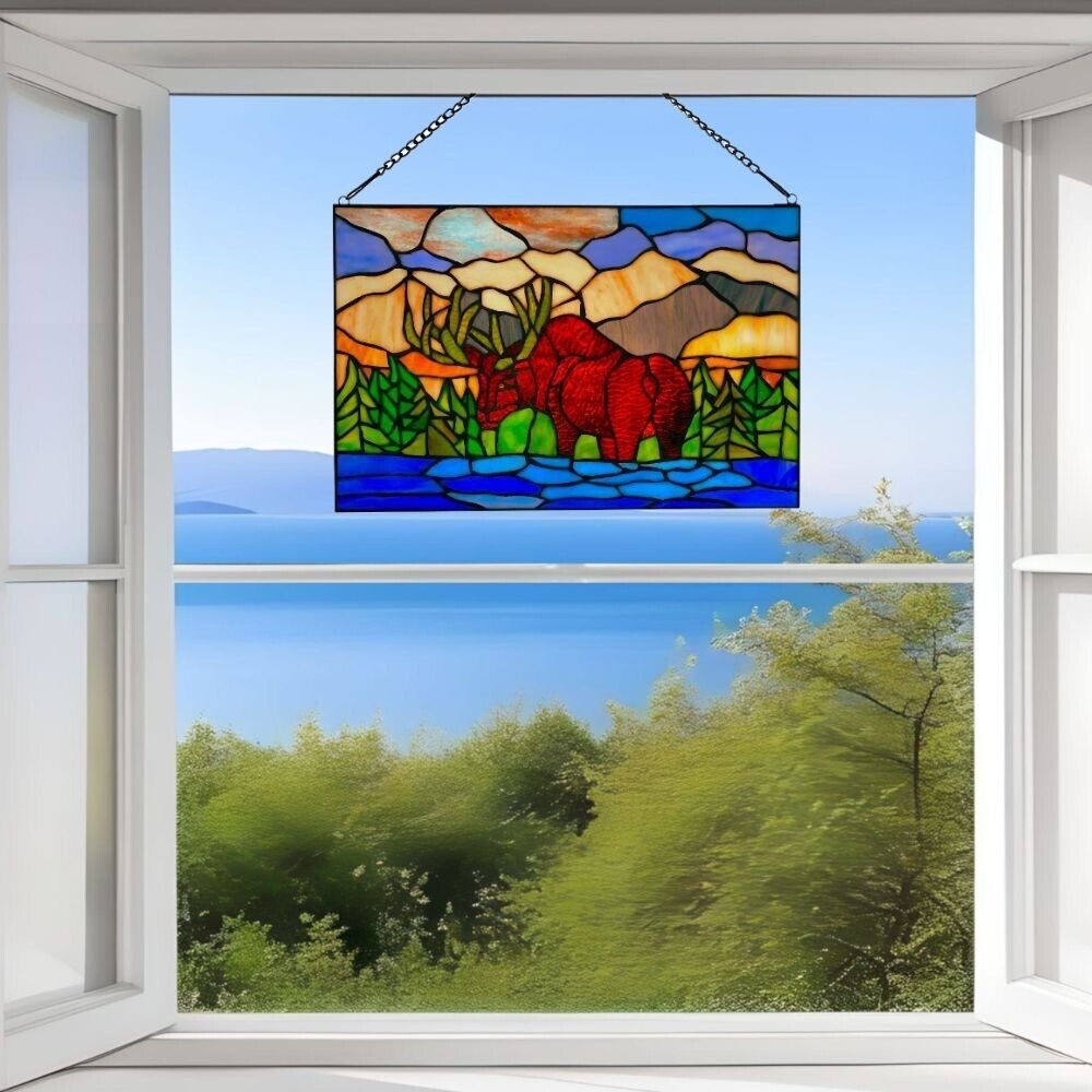 Mountainscape Moose Brown Blue and Green Stained Glass Window Panel - 18x12in