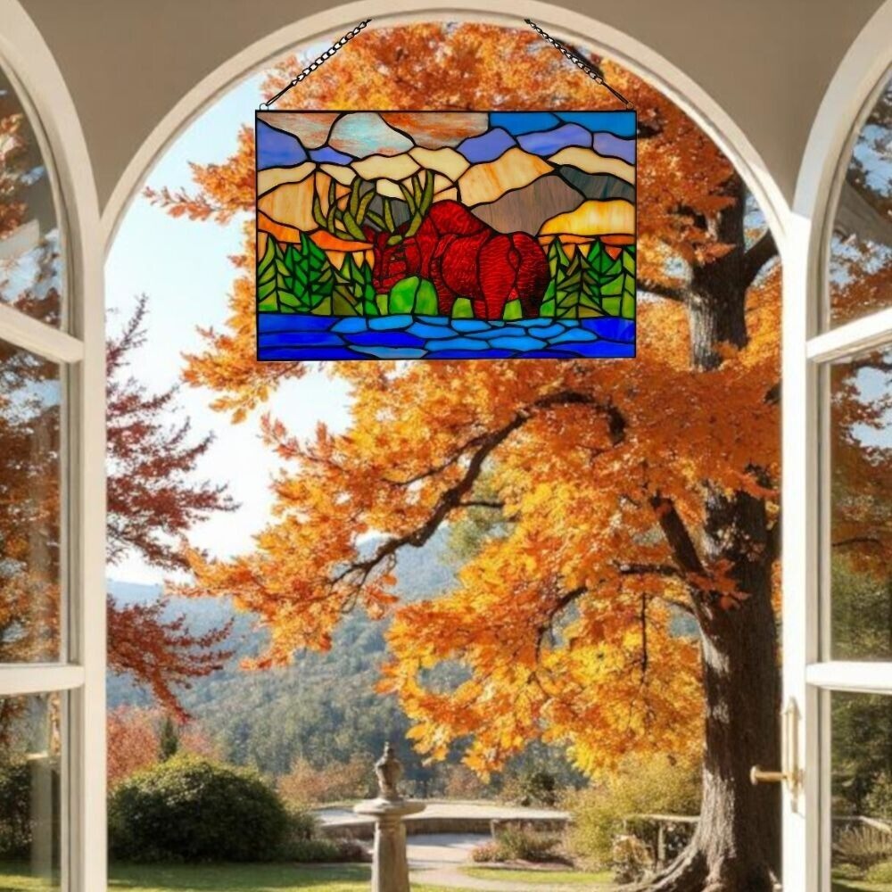 Mountainscape Moose Brown Blue and Green Stained Glass Window Panel - 18x12in