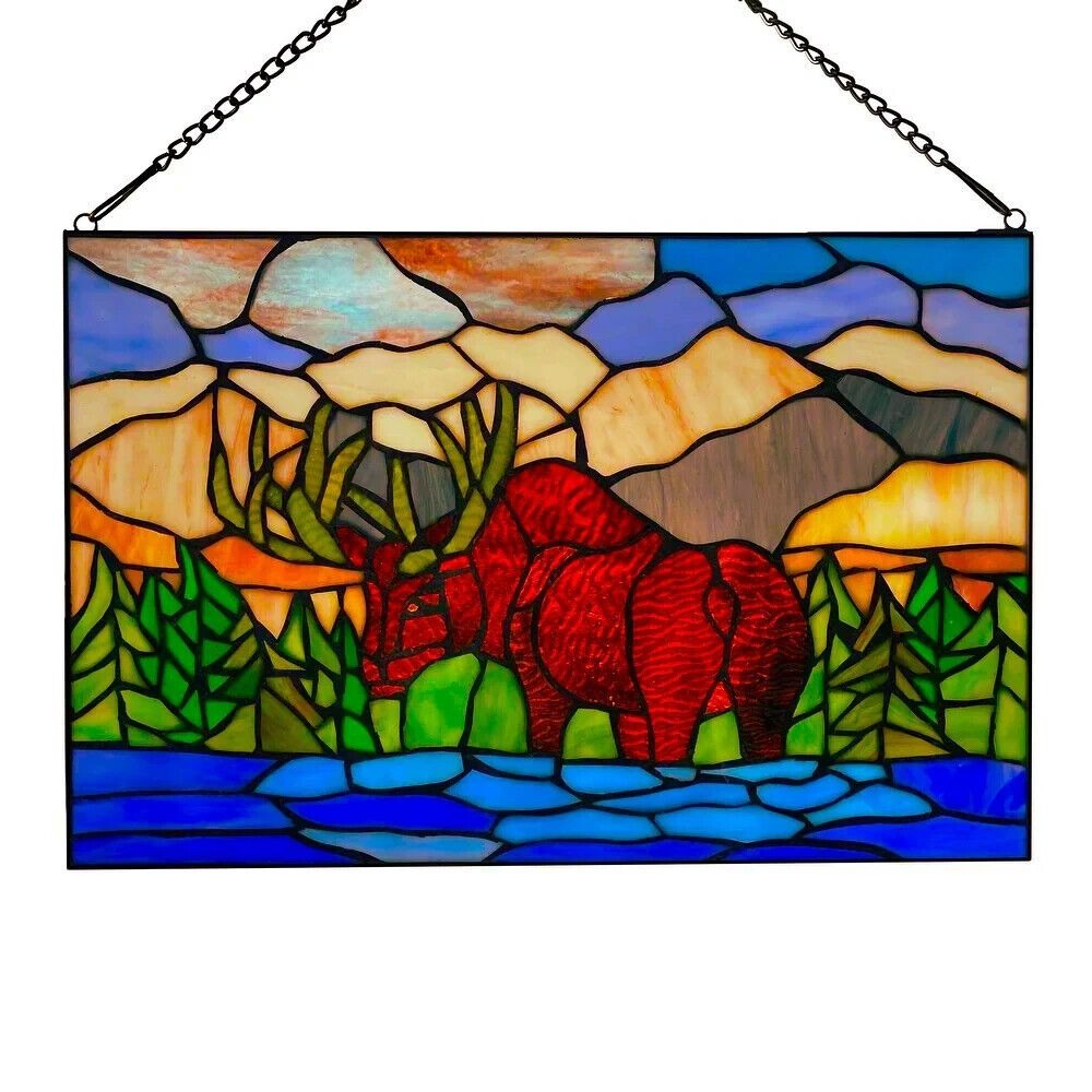 Mountainscape Moose Brown Blue and Green Stained Glass Window Panel - 18x12in