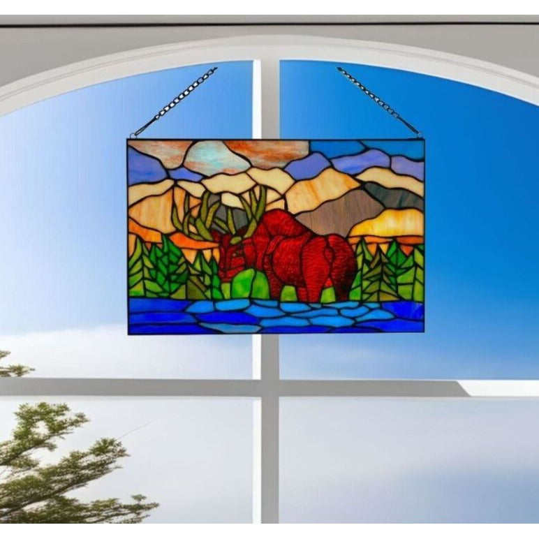 Mountainscape Moose Brown Blue and Green Stained Glass Window Panel - 18x12in