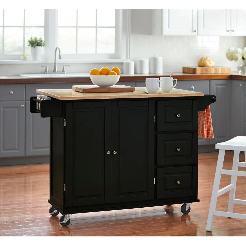 Black Kitchen Cart Rolling Island Cabinet - Natural Finish Wood Top & Drop Leaf