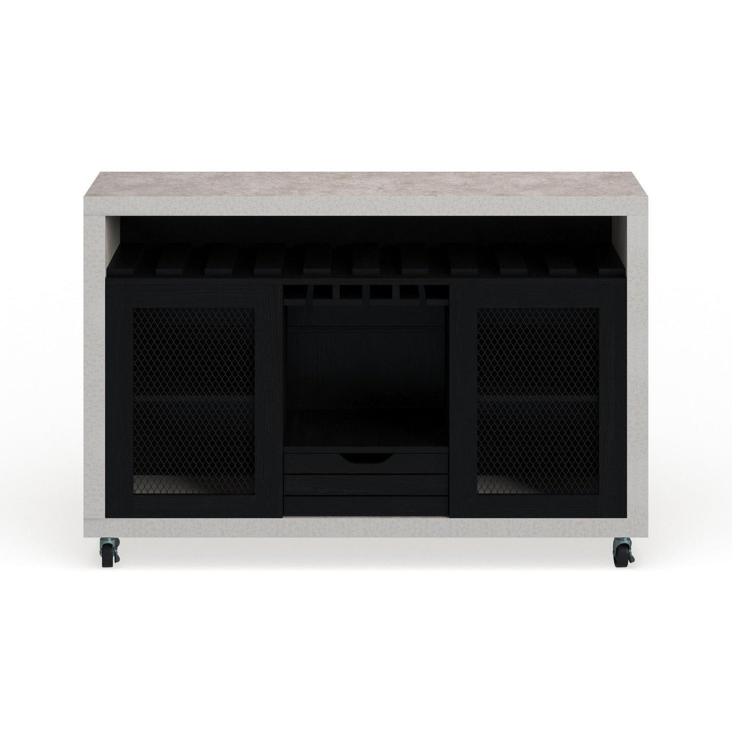 Rolling Sideboard Buffet Serving Cart Storage Cabinet in Black and Cement Finish