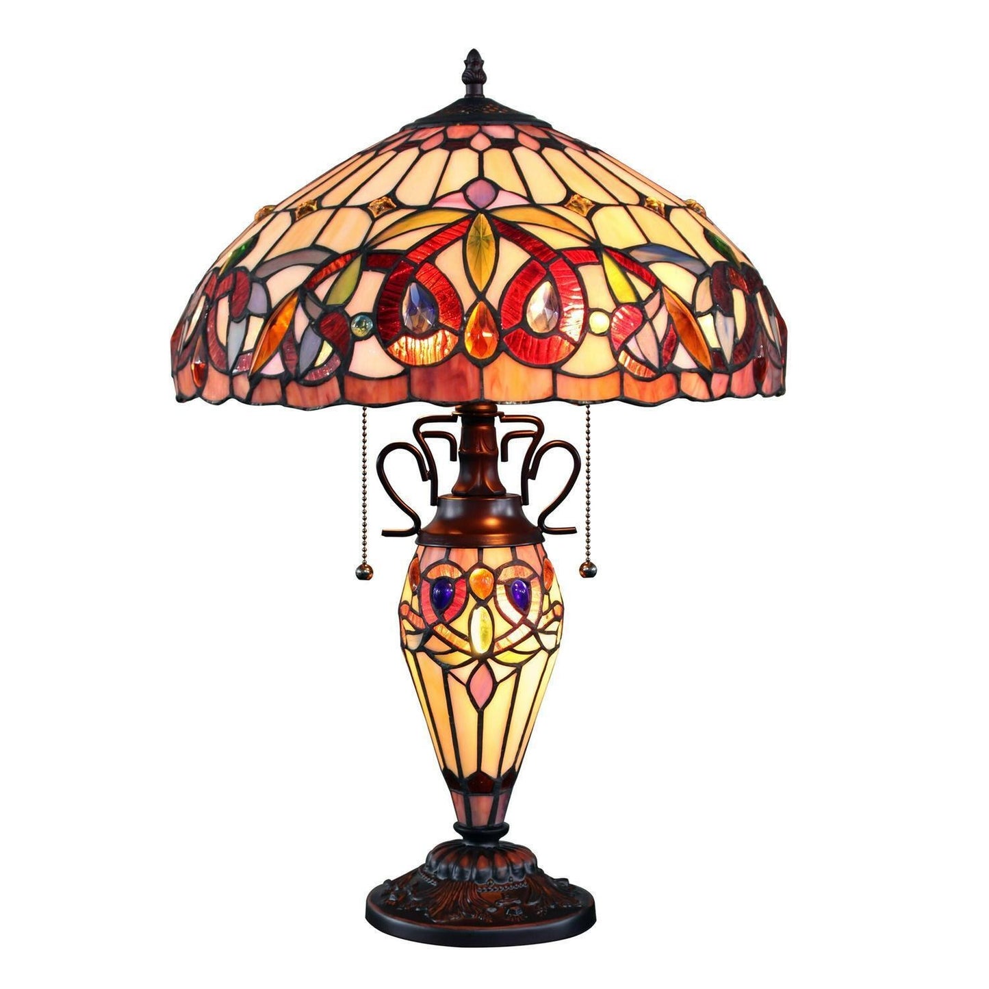 Red and Amber Tiffany Inspired Victorian Stained Glass Table Lamp w/ Lit Base