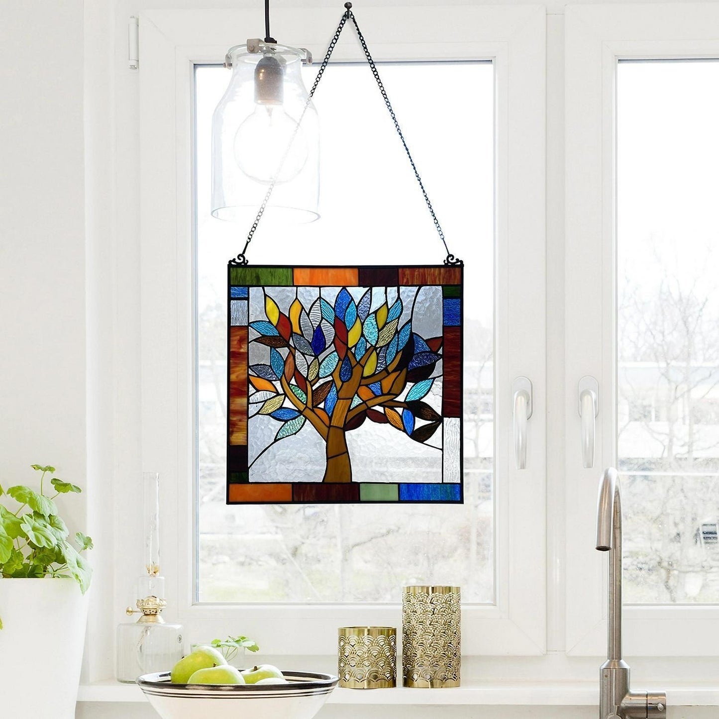 Tiffany Style Colorful World Tree Stained Glass 18in Window Panel Suncatcher