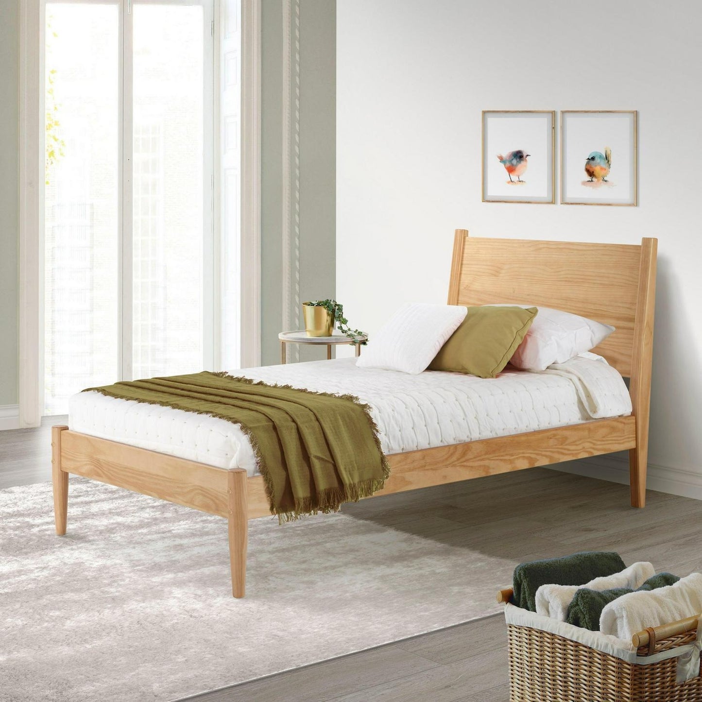 Mid-Century Style Pine Wood Twin Size Panel Bed in Natural Finish