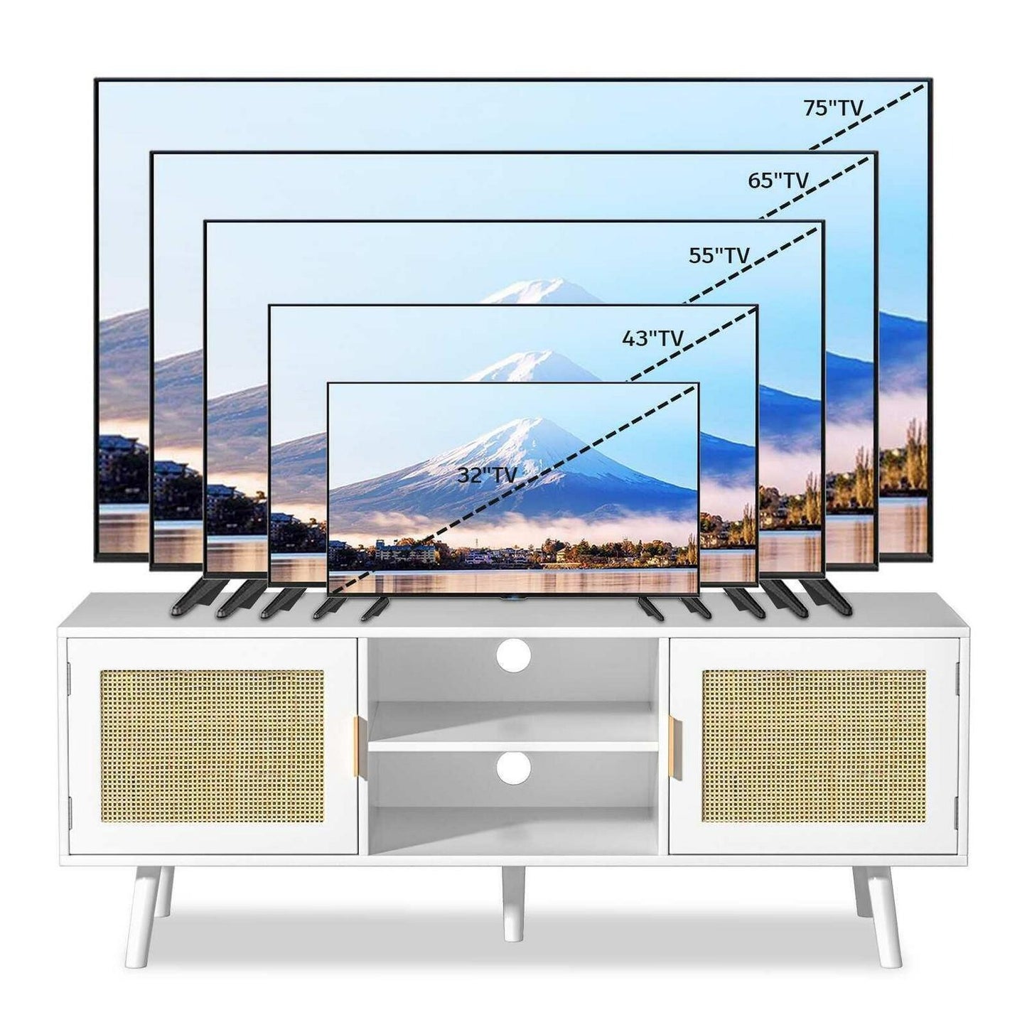 Mid-Century Modern Entertainment Center TV Stand with Cabinet White