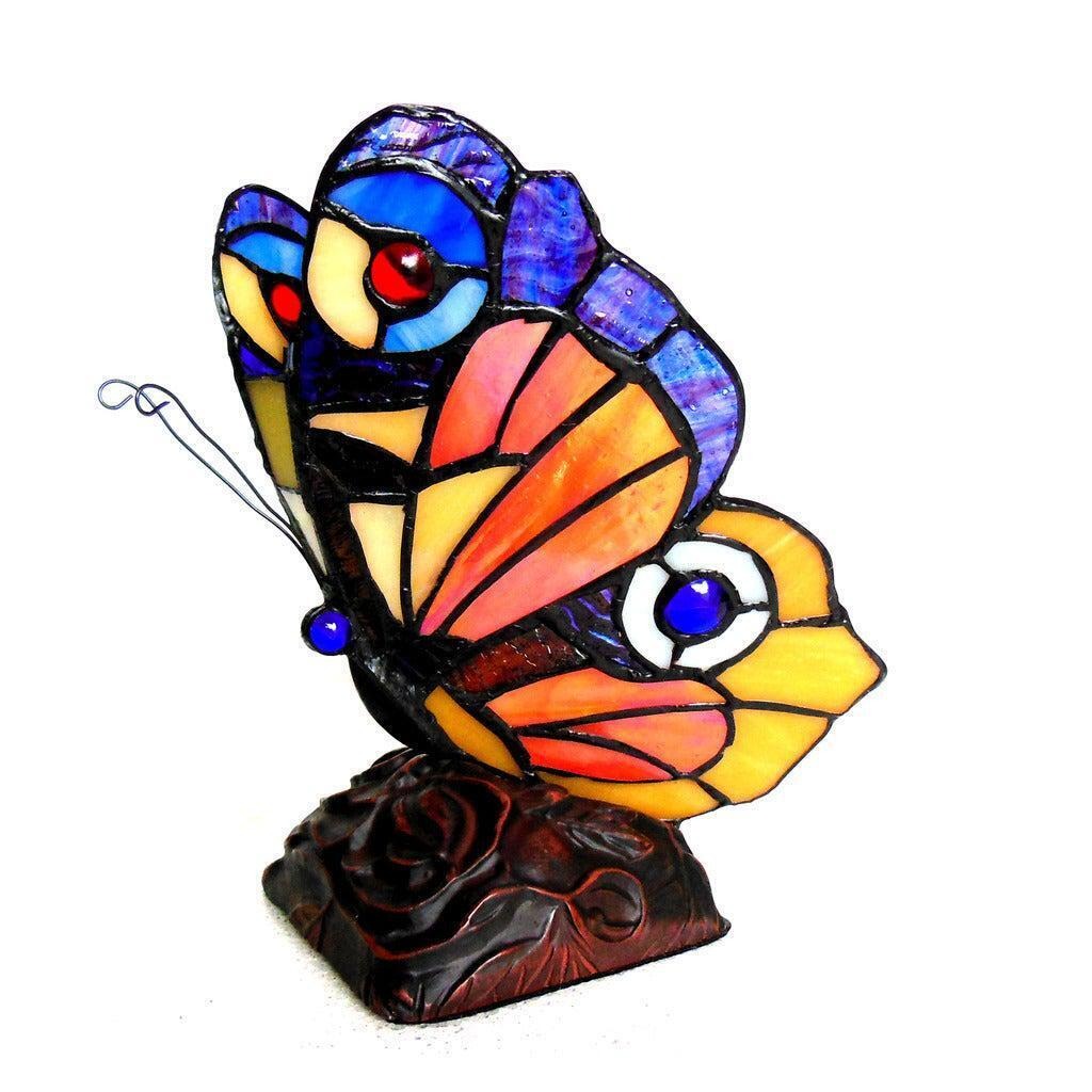 Stained Glass Butterfly Accent Lamp Yellow Red Blue Tiffany Style 10in