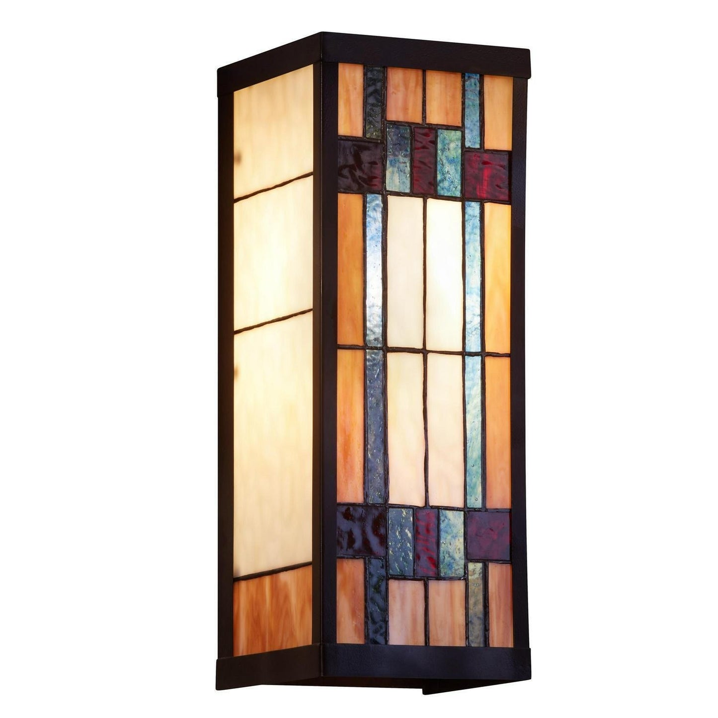 Outdoor Wall Sconce Porch Light Multicolor Stained Glass and Black Satin 16in