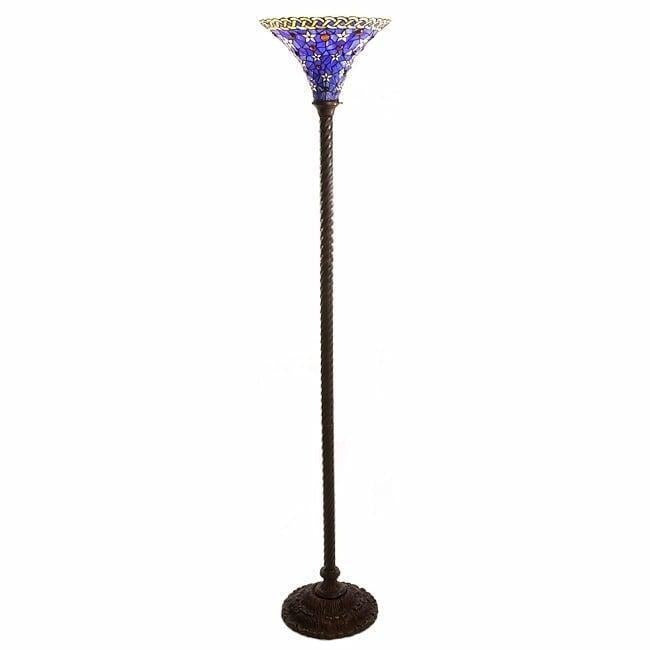 Vintage Victorian Theme Tiffany Style Blue Torchiere Stained Glass Floor Lamp