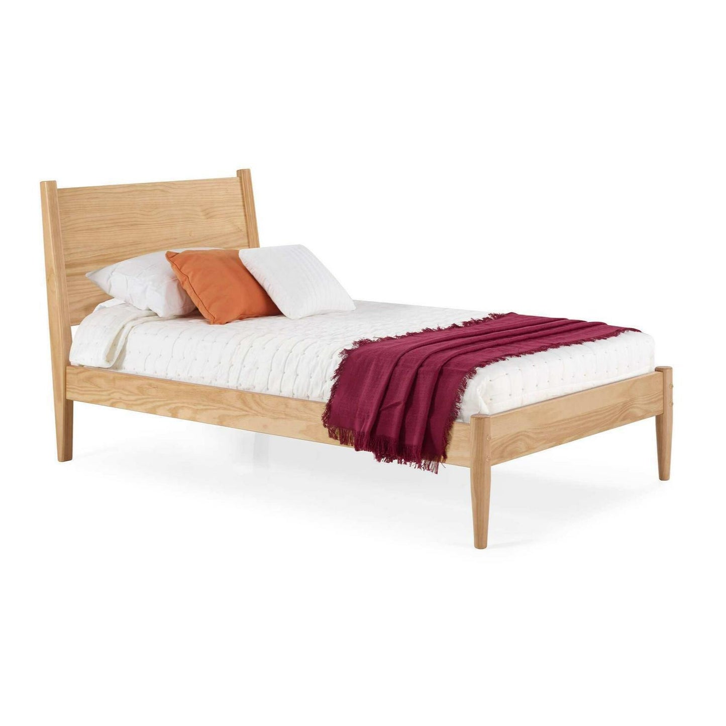 Mid-Century Style Pine Wood Twin Size Panel Bed in Natural Finish