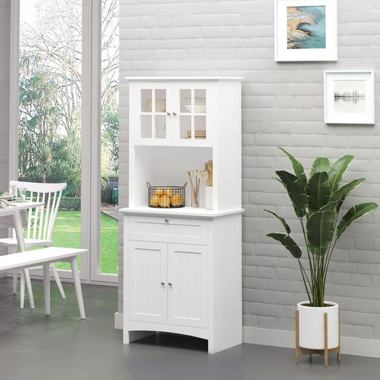 White Kitchen Buffet Storage Cupboard with Framed Glass Door and Microwave Space