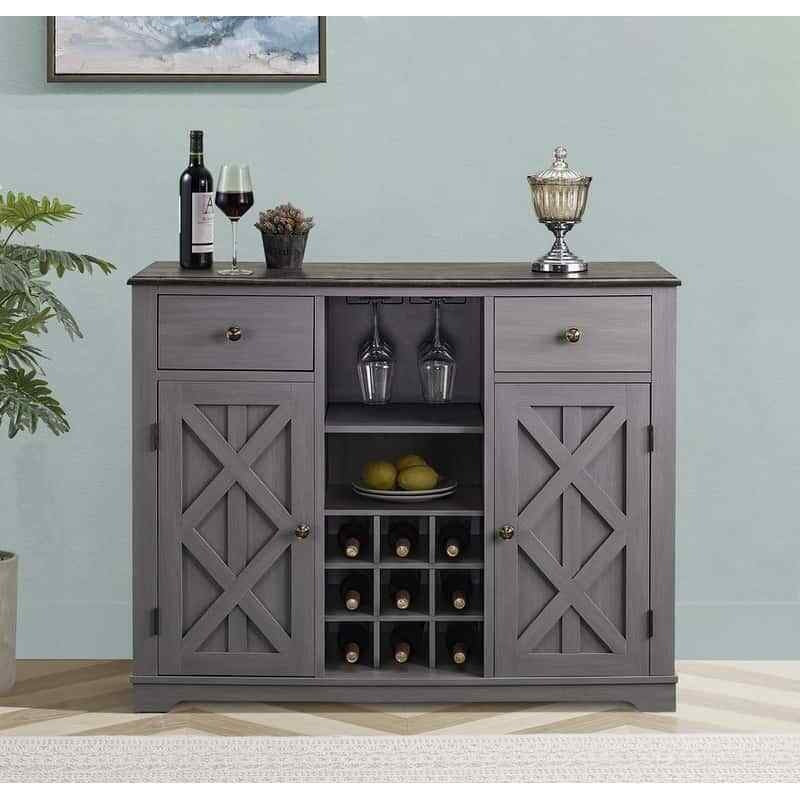 Buffet Sideboard Cabinet Credenza With Built-in Wine Rack Bar in Grey Finish