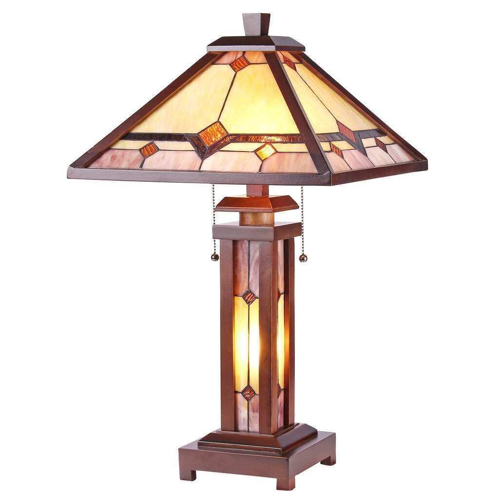 Dark Walnut Wood Finish Tiffany Style Mission Stained Glass 2 Light Table Lamp