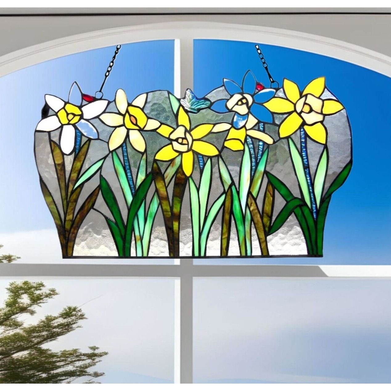 Stained Glass Daffodil Window Panel Suncatcher Floral Design 23x14in