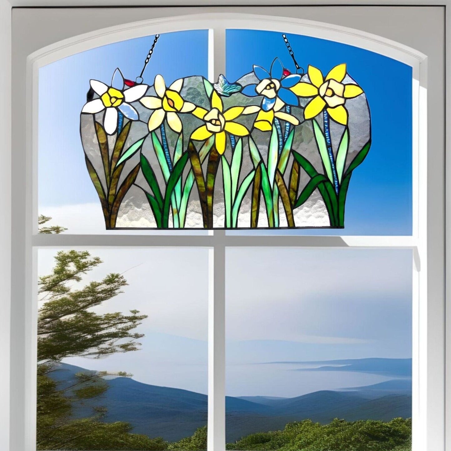 Stained Glass Daffodil Window Panel Suncatcher Floral Design 23x14in