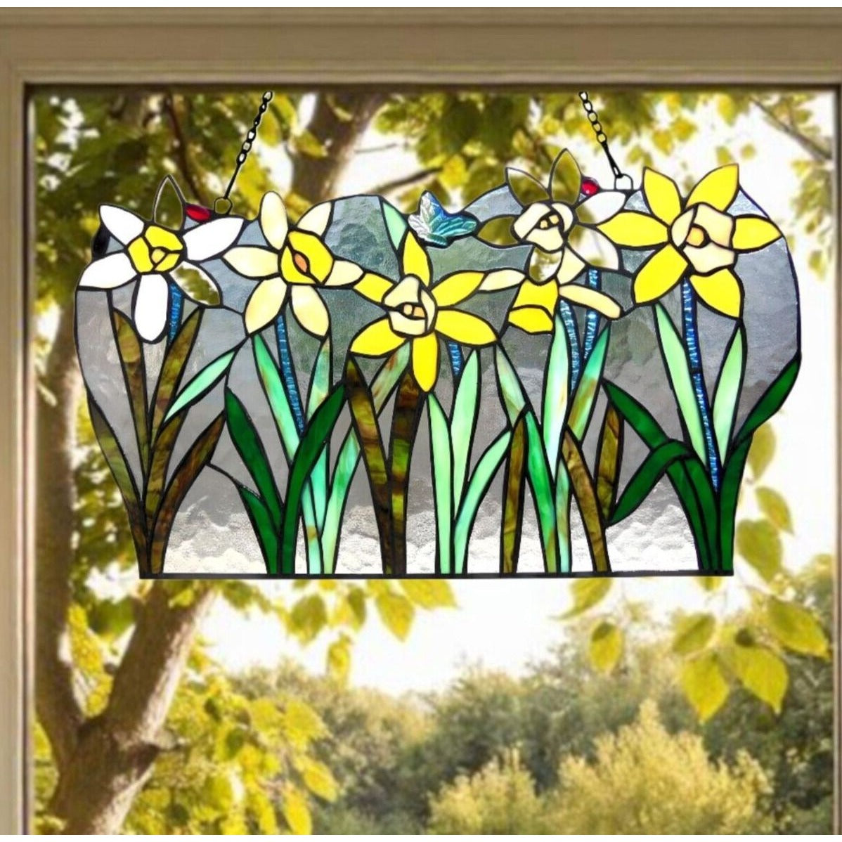 Stained Glass Daffodil Window Panel Suncatcher Floral Design 23x14in