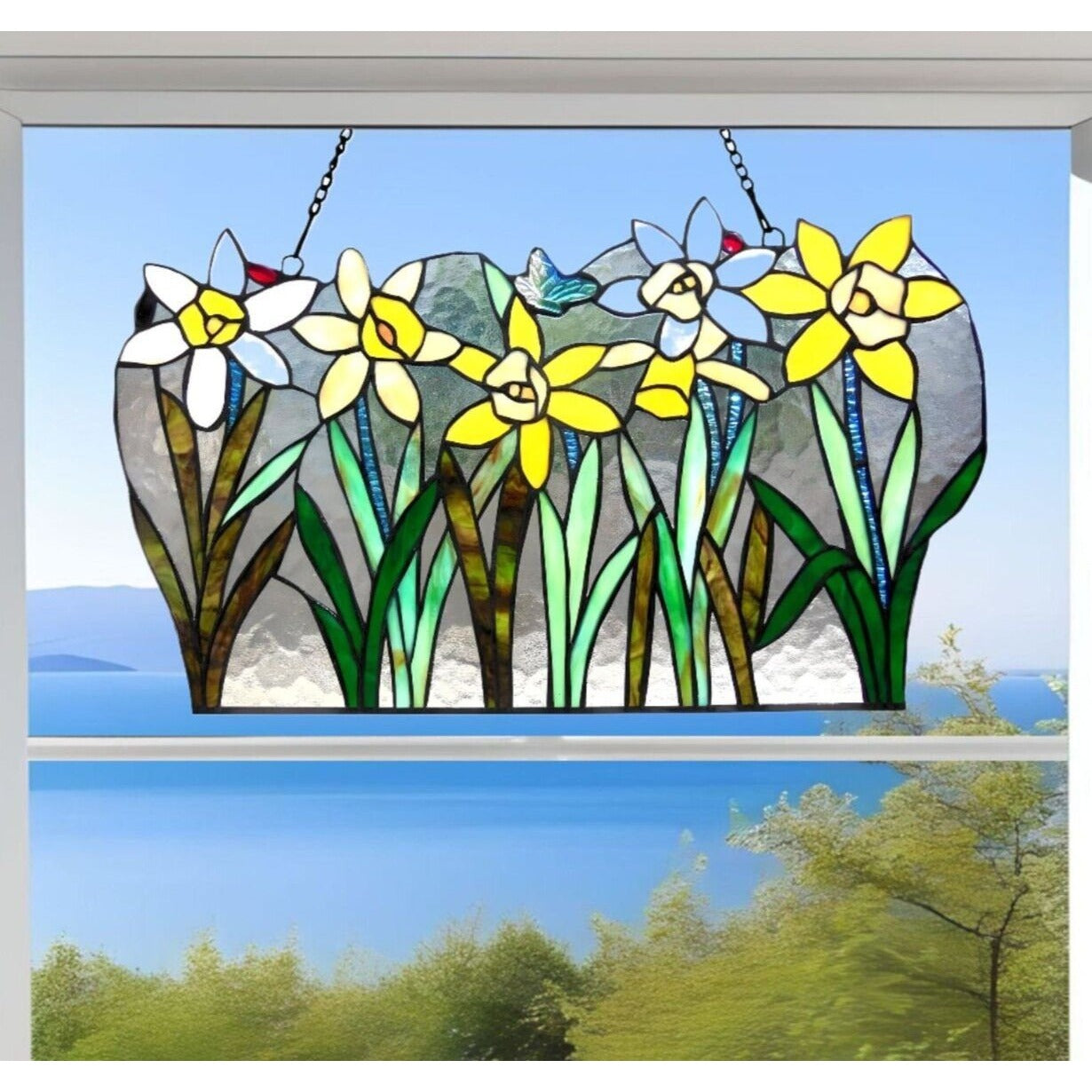 Stained Glass Daffodil Window Panel Suncatcher Floral Design 23x14in