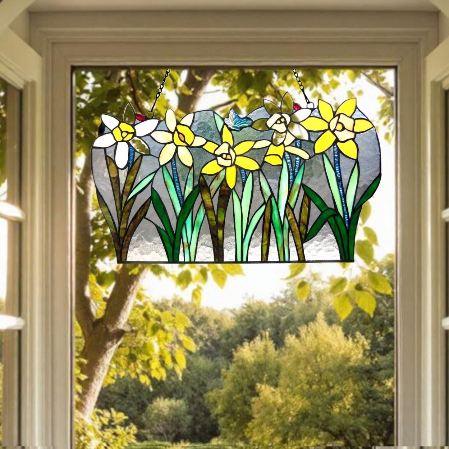 Stained Glass Daffodil Window Panel Suncatcher Floral Design 23x14in