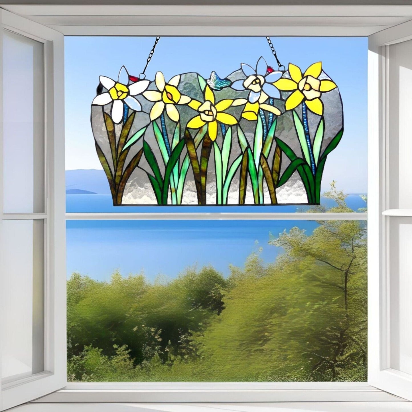 Stained Glass Daffodil Window Panel Suncatcher Floral Design 23x14in