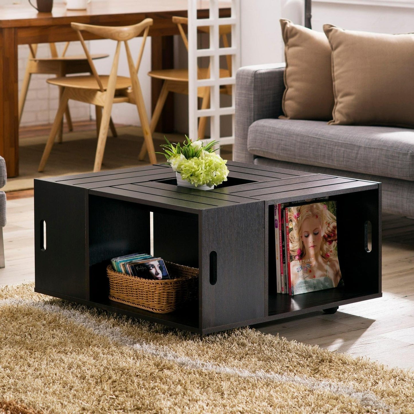 Slatted Top Coffee Table With Storage Wine Crate Design Espresso Finish 36x36in