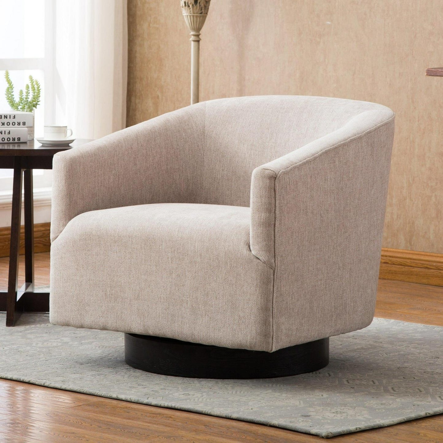 Swivel Accent Armchair with Wood Base and Barrel Back in Off White