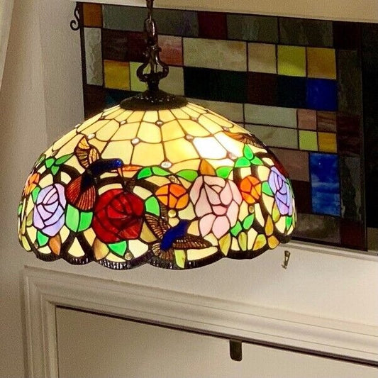 Tiffany Style Hanging Pendant Lamp Stained Glass Rose Theme Ceiling Light 16in