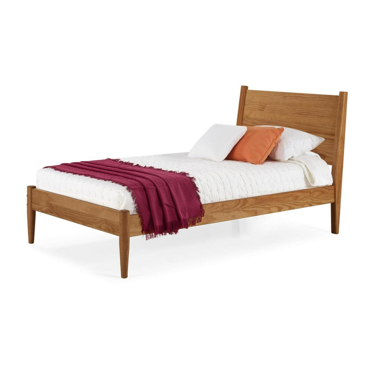 Brown Finish Pine Wood Mid-Century Style Twin Size Panel Bed