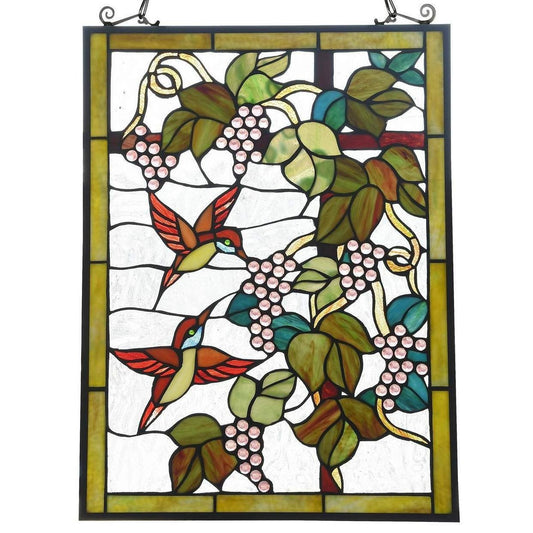 Floral Stained Glass Window Panel Suncatcher With Hummingbird Theme