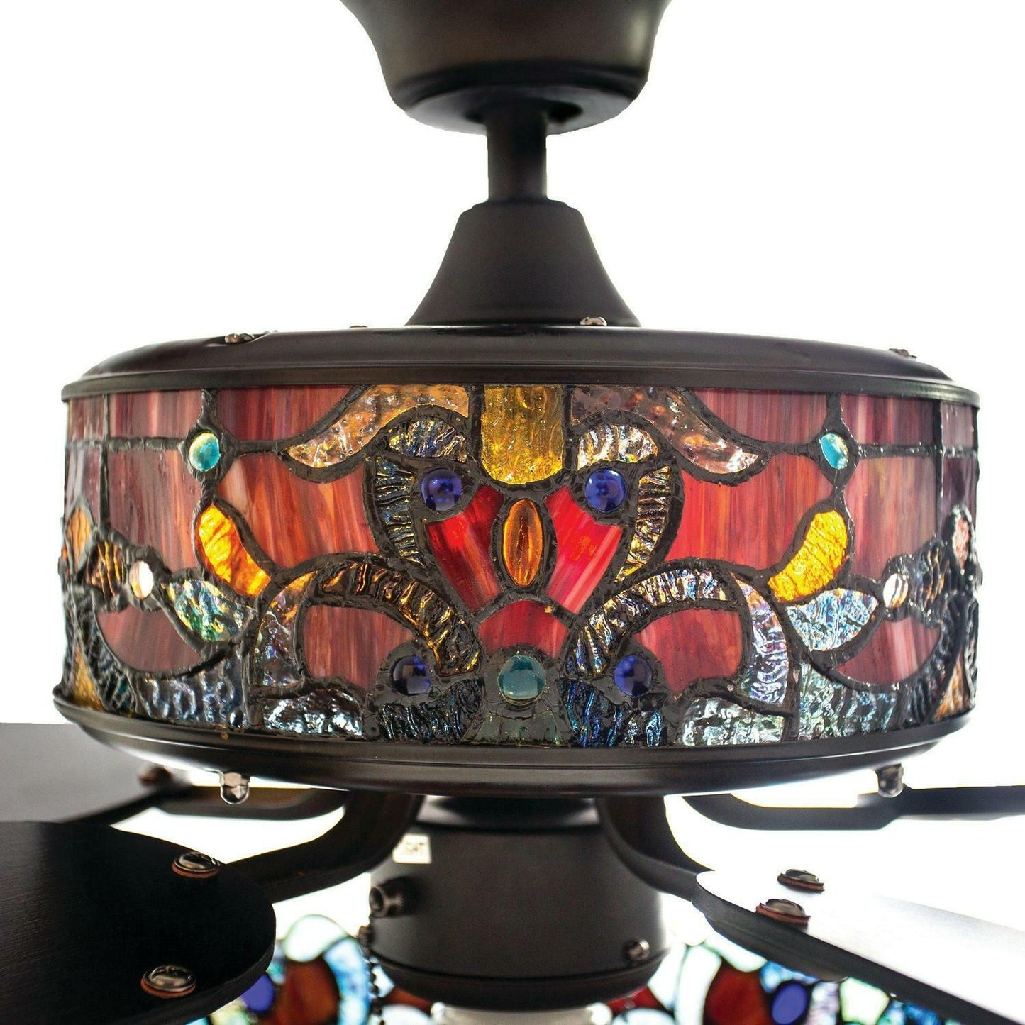 Red Ceiling Fan Tiffany Style Stained Glass 52in Wide - Pull Chain