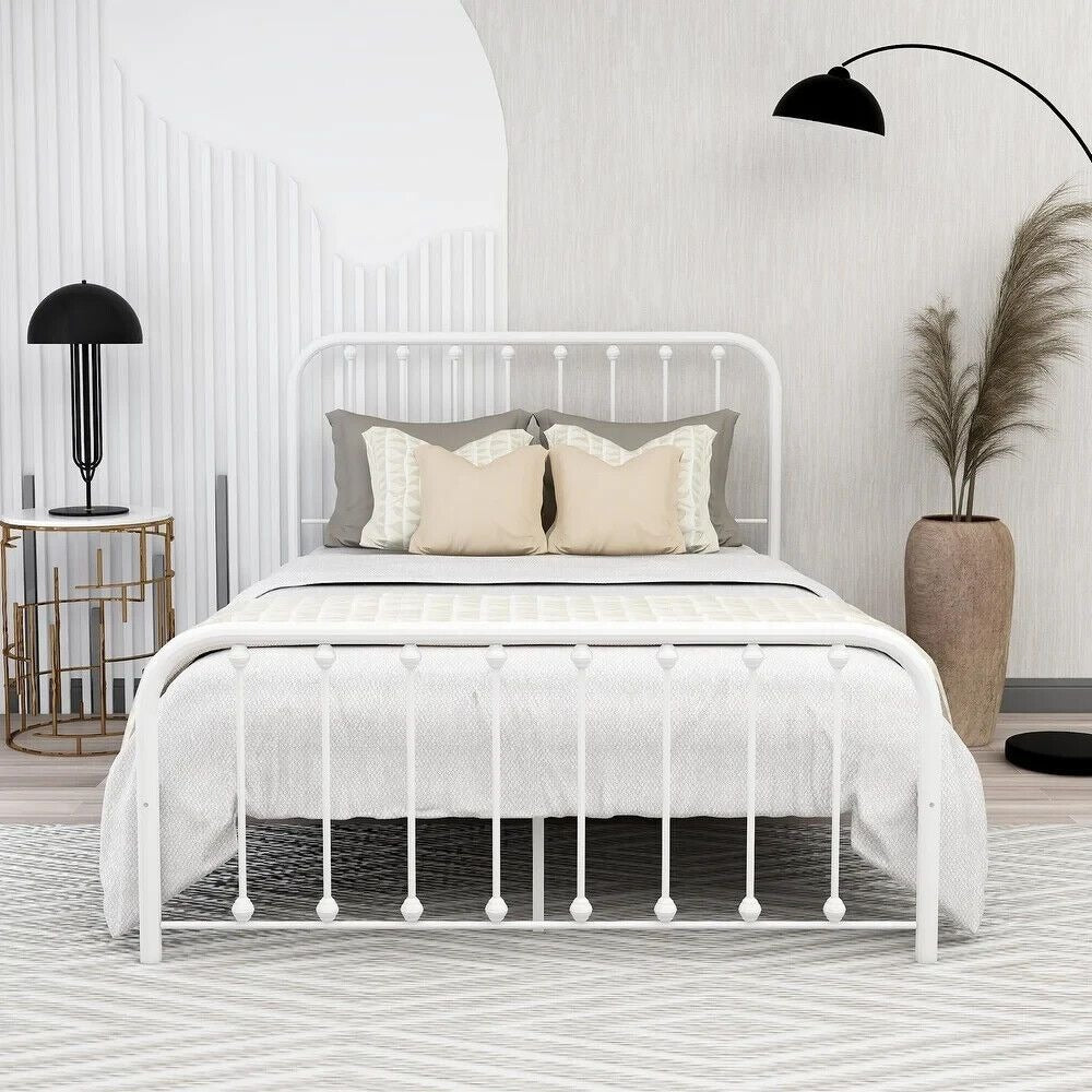 Full Size Bed Frame Metal Platform Bed Frame with Headboard & Footboard White